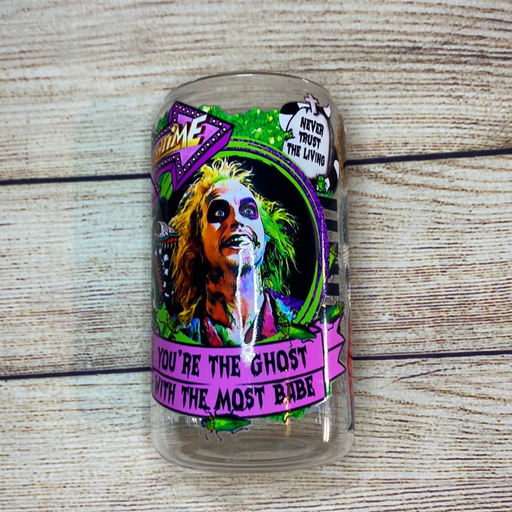 Beetle Juice Design 16oz Libby Glass Cup With Bamboo Lid & Reusable Glass Straw